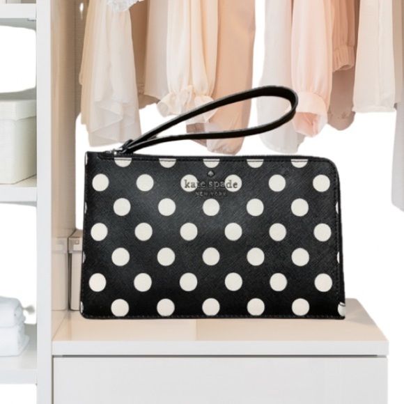 Kate Spade New York Medium L-Zip Wristlet Saffiano Leather Polka Dot Black, NWOT - Picture 1 of 8